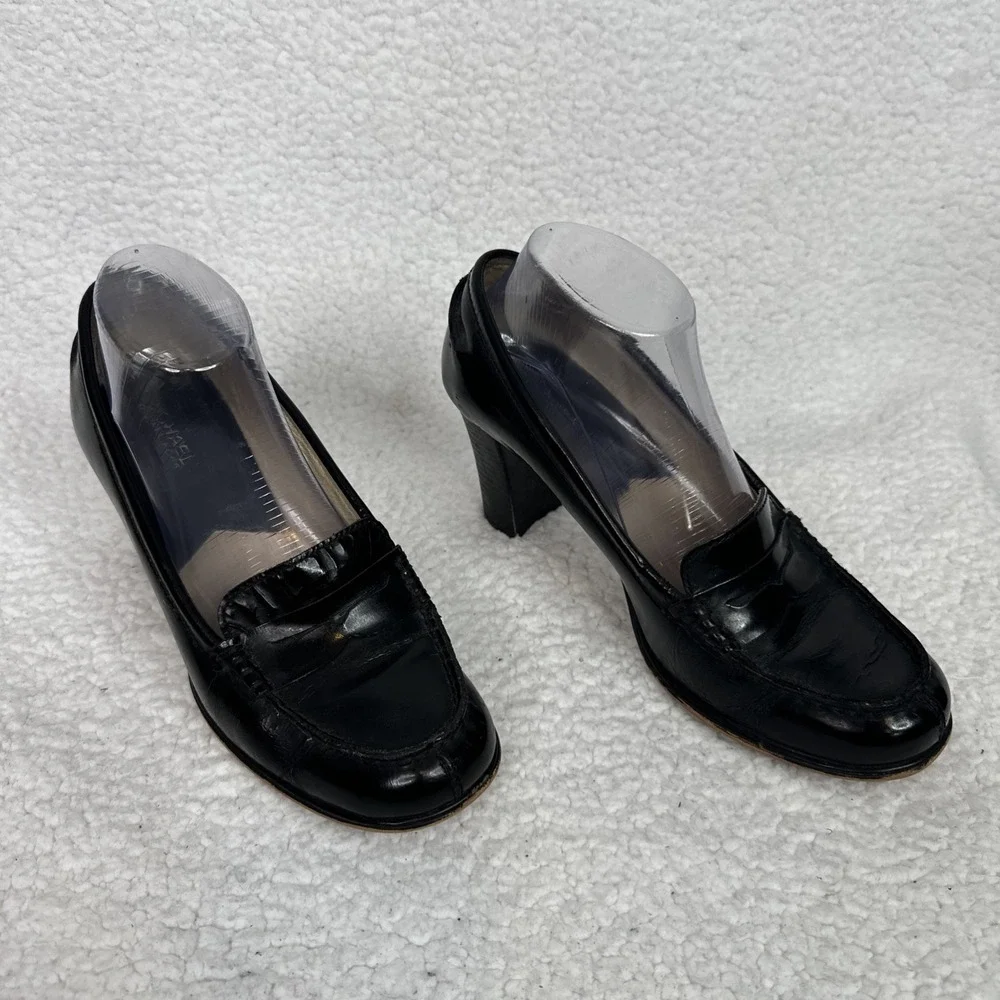 Michael Kors Black Leather Penny Loafer Heels Womens Size 9M Block Heel Pumps